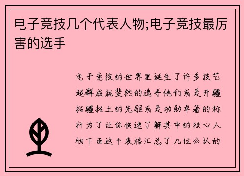 电子竞技几个代表人物;电子竞技最厉害的选手